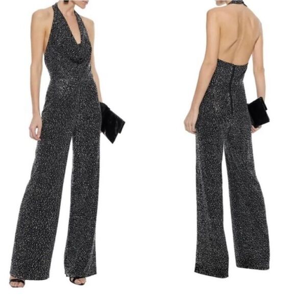 ALICE + OLIVIA Disco Diamonds Mercury Sparkle Crepe Halterneck Jumpsuit - Picture 2 of 10